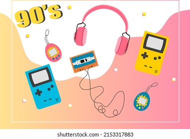 Set with retro electronic devices. Cute and stylish attributes from 90s. Hand drawn vector illustration.