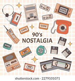 Set of retro electronic devices. Game console, cassette, player, toy, ring, diamond, lollipop, blade, cube. Back to 90s. Nostalgia for 1990s element. Retro style.
