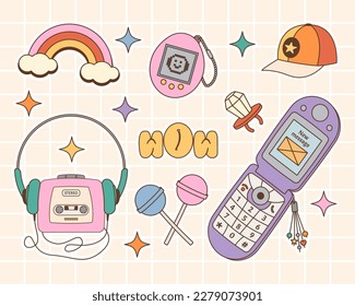 Set of retro electronic devices. Mobile phone, clamshell, cassette player, electronic toy, baseball cap, ring,earphones, lollipop. Back to 90s. Nostalgia for 1990s element. Retro style.