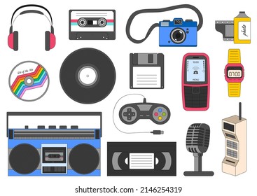 A set of retro electronic devices. Technology, symbols of the 90s. Boombox, vinyl, camera, floppy disk. Nostalgia for the 90s. Bright colored vector illustrations isolated on a white background.