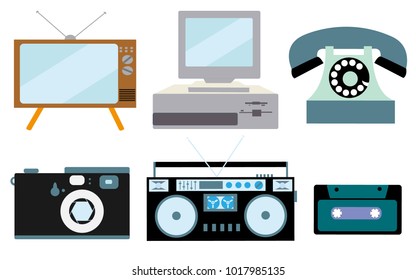 A set of retro electronics, technology. Old, vintage, retro, hipster, antique kinescope TV, computer with floppy, disk phone, camera, cassette audio tape recorder, audio cassette. Vector illustration.