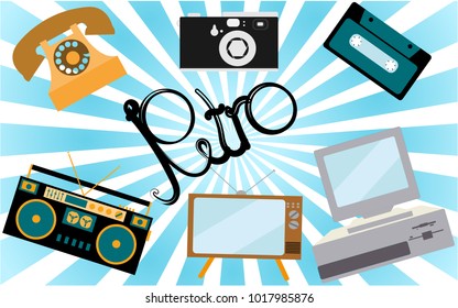 A set of retro electronics, technology. Old, vintage, retro, hipster, antique kinescope TV, computer with floppy, disk phone, camera, cassette audio tape recorder, audio cassette. Vector illustration.