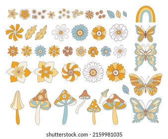 Set Of Retro Elements In 60s, 7th Style, Flowers, Mushrooms And Butterflies. Hippie, Flower Child, Boho, Seventies Style Collection Of Elements For Design, Fly Agaric, Monarch Butterfly, Daisies 