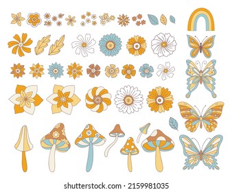 Set of retro elements in 60s, 7th style, flowers, mushrooms and butterflies. Hippie, Flower Child, Boho, seventies style collection of elements for design, fly agaric, monarch butterfly, daisies 