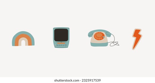 Set of retro elements from the 80s and 90s. TV with VHS, rainbow, landline phone with circular dialing, lightning. Vector flat trend illustration.