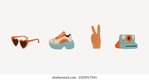 Set of retro elements from the 80s and 90s. Hand gesture peace, running shoes, heart glasses, instant camera. Vector flat trend illustration.