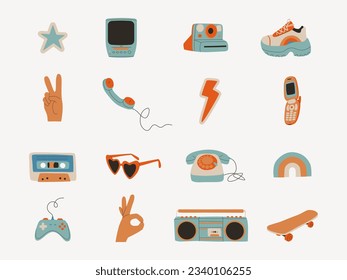 Conjunto de elementos retro de los años 80 y 90. Cinta de audio, grabadora de cinta, teléfono móvil, skateboard, joystick, teléfono de teléfono. Ilustración de tendencia plana vectorial.