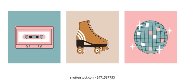 Set retro elements from 90s. Retro items. Roller skates, disco ball and audio cassette. 80s disco theme. Hand drawn illustration isolated on white background. Flat vector in modern style.