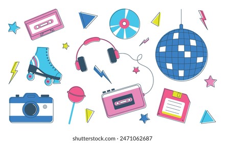 Set of retro elements from 90s. Vintage audio player, roller skates, camera and disco ball. Nostalgia for 1990s. Bright color collection. Trendy flat style on white isolated background.