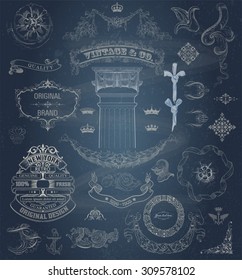Set of retro elements: baroque frames, banners, retro labels, classic column. Chalk style