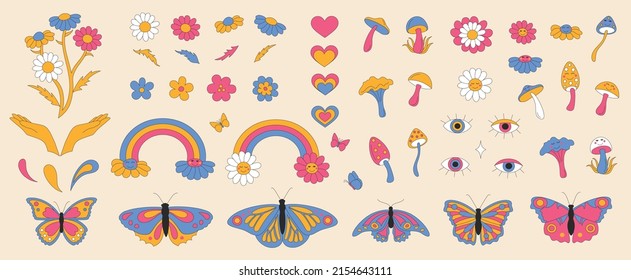 Set and retro elements  Daisies and smiles   sparkles  Summer simple minimalist flowers  70 s style plants  Rainbow   eyes  Mushroom   butterfly  Colorful background  Vector illustration 