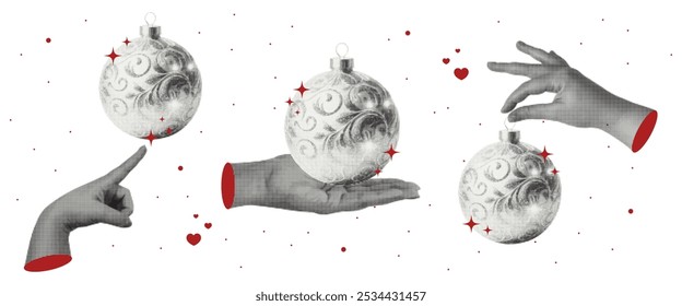 Conjunto de Elementos retro decorado con bolas de Navidad talladas y manos con efecto semitono. Ilustración vectorial de un collage.