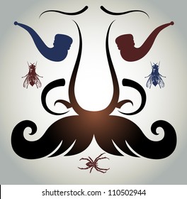 Set from a retro of elements: nose, moustache, tobacco pipe and flies. Vector illustration, EPS 8.