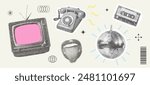Set of retro elements with photocopy effect Y2K. Pop art design. Old TV, telephone, disco ball, tape cassette, mouth with tongue. Vector illustration for T-shirt prints, collage design, banner