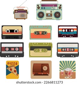 Set of retro elements, radio and cassette