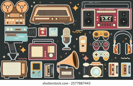 Set of retro elements, stickers with gadgets in 90s style. Old electronics, mobile phones, record player, cassette, vinyl, devices