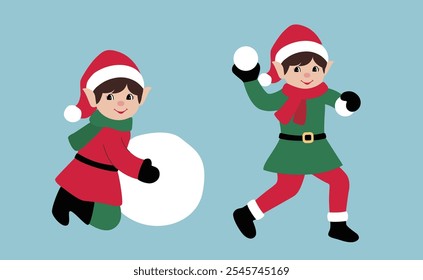 Set of retro elf playing with snowball  flat Vector stock illustration.
cute playful Santa Claus helpers.
Merry Xmas design element.
Good for card, banner, flayer, leaflet, poster. 