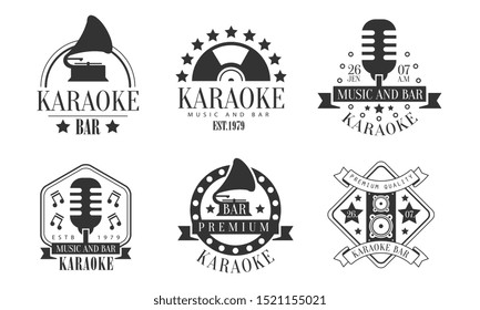 Set of retro emblems for karaoke contest. Vector illustration on a white background.
