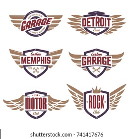 Set of retro emblems with wings. Stylish and brutal emblems for rock, biker, custom garage theme. Vector emblem templates.