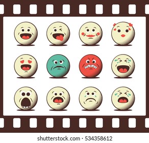 Set of retro emoticons. Vintage design elements of emoji in the photo film stripe frame.