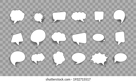 Set of retro empty comics speech bubbles with black halftone shadows. Speak bubble text, chatting box, message box, outline cartoon.