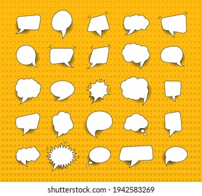 Set of retro empty comics speech bubbles with black halftone shadows. Speak bubble text, chatting box, message box, outline cartoon.