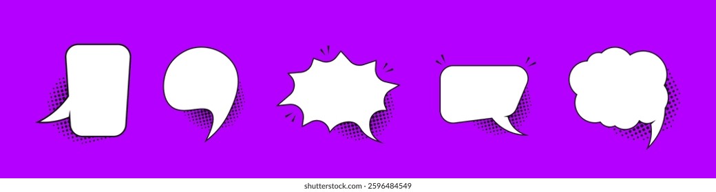 Set of retro empty comics speech bubbles with black halftone shadows. Speak bubble text, chatting box, message box, outline cartoon.