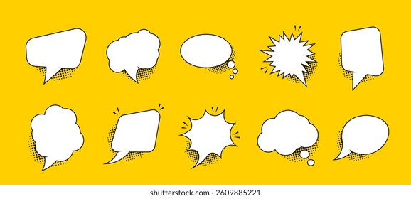 Set of retro empty comics speech bubbles with black halftone shadows. Speak bubble text, chatting box, message box, outline cartoon.