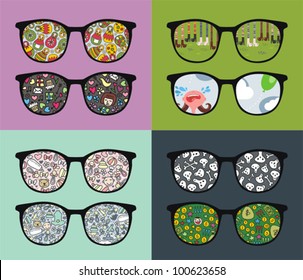 Set of retro eyeglasses with people reflection in it. Vector illustration of accessory - sunglasses isolated.