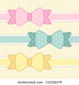 Set of retro fabric polka dot bows as applique in shabby chic style