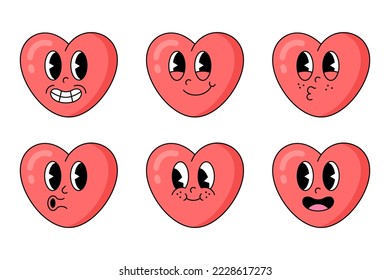 Set of retro facial expressions. Heart character with different emotions old cartoon style. Cute emoji vector set.