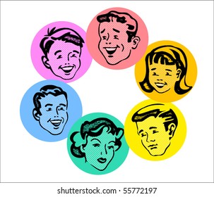 set of retro family faces