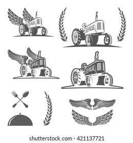 Set of retro farm tractor design, badges and design elements. Vector illustration