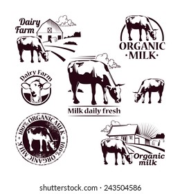 Set of Retro Farm vector icons depicting a cow  and banner with the text for your design