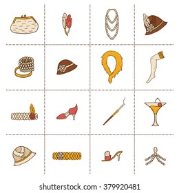 Set of retro fashion 1920s 1930s objects with women hats, clothes, jewelry. Chicago party style. Old-fashioned retro-styled design. Simple hand drawn icons