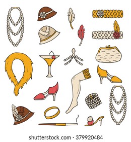 Set of retro fashion 1920s 1930s objects with hand drawn women hats, clothes, jewelry. Chicago party style. Old-fashioned retro-styled design