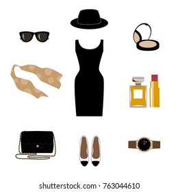 Set with retro fashion objects: women hats, shoes, bags, lipsticks, eyeglasses, perfume. Old-fashioned retro-styled design.