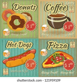 set of Retro Fast Food Menu Cards. Vector Illustration.