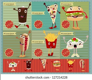 Set of Retro fast food menu funny cartoon character. Vector retro style template Design