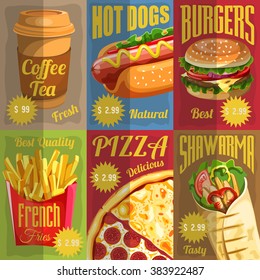 Set of Retro Fast Food Menu Cards. Posters. Vector illustration.