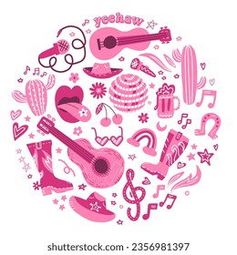 Conjunto de elementos retro de moda de Cowboy femenino en forma redonda. Botas de vaca, bola de disco, sombrero, herradura, cactus y guitarra. Vaquero rosa tema occidental y silvestre occidental. Vector plano dibujado a mano.