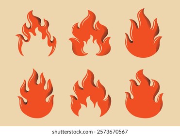 Set of retro fire flame designs with halftone details and vibrant orange tones, perfect for logos, icons, or graphic projects.Vintage textures. Vector Illustration.