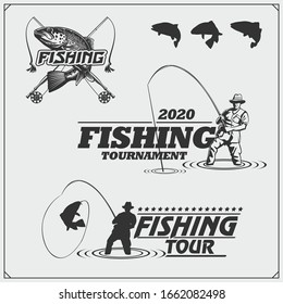 Set of retro fishing labels, badges, emblems and design elements. Vintage style design.