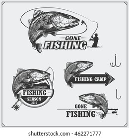 Set of retro fishing labels, badges, emblems and design elements. Vintage style design.