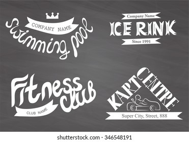 Set of retro fitness club, kart centre, swimming pool and ice rink labels, badges and design elements. Set of vintage logo and logotype elements. Lettering, typography style