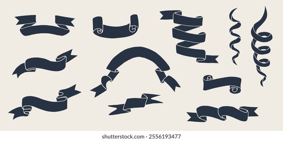 Set of retro flag and ribbon banners. Collection of black vintage badges for your design. Hand drawn decorative tape 