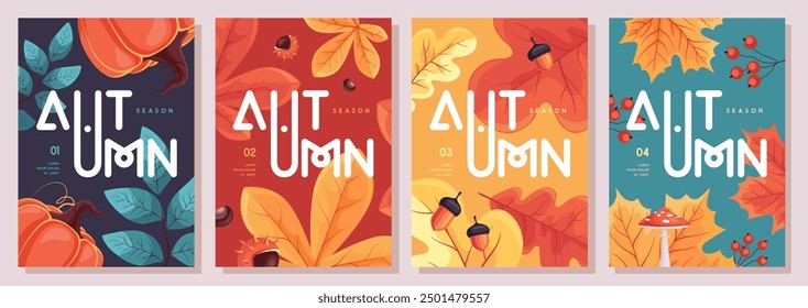 Set of retro flat autumn covers or party posters with autumn floral attributes. Seasonal sale poster. Vector illustration