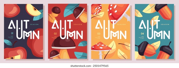 Set of retro flat autumn covers or party posters with autumn floral attributes. Seasonal sale poster. Vector illustration