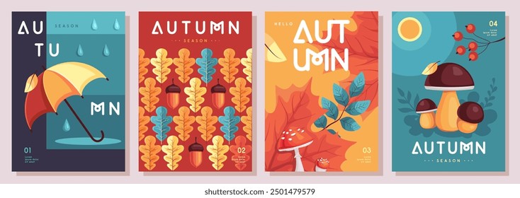 Conjunto de cubiertas de otoño plano retro o carteles de fiesta con atributos florales de otoño. Cartel de venta de temporada. Ilustración vectorial