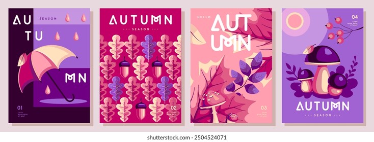 Set of retro flat autumn covers or party posters with autumn floral attributes. Seasonal sale poster. Vector illustration